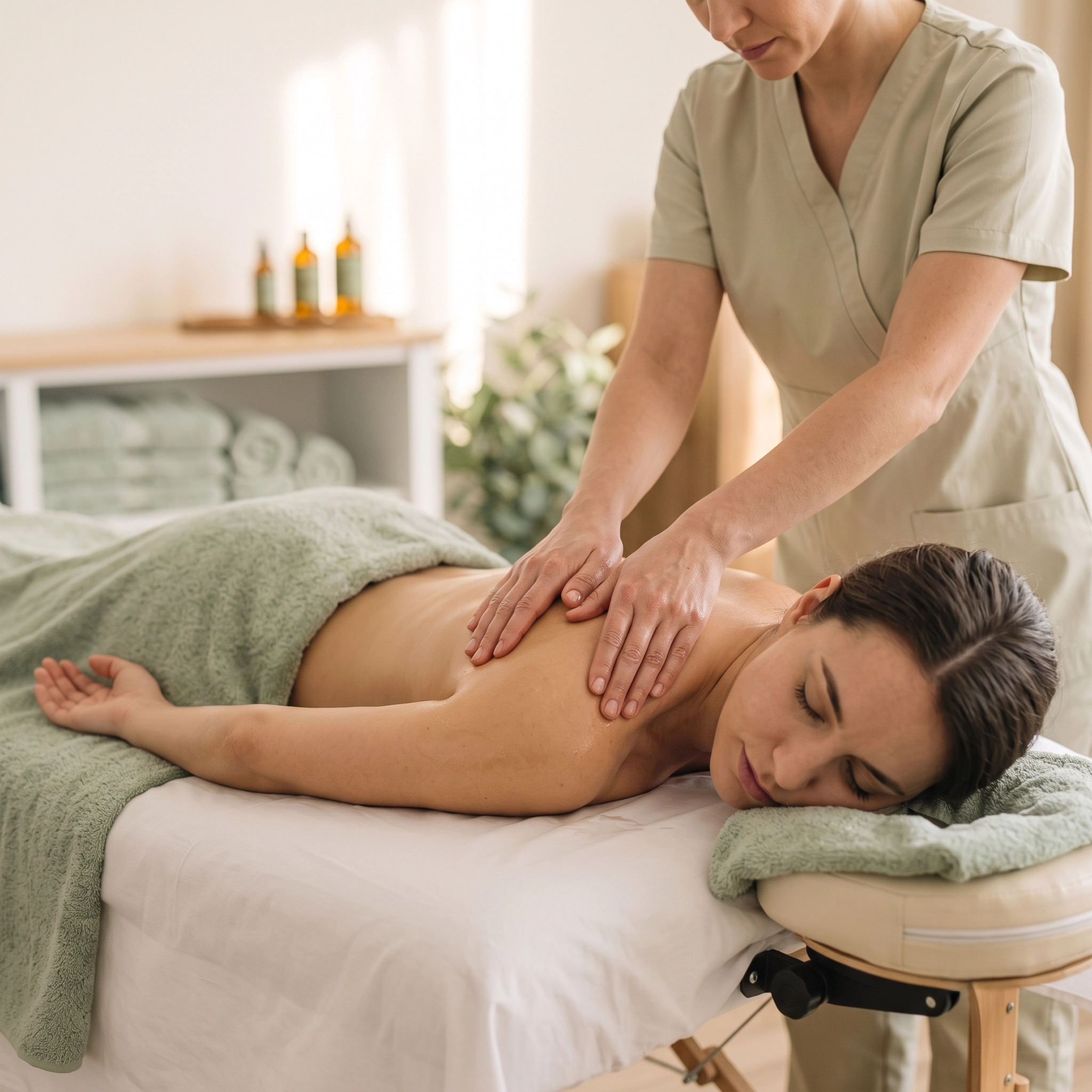 Therapist kneading shoulders